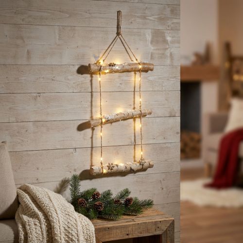 Decoración navideña de pared con cadena de luces micro LED, pequeños copos de nieve de madera y ramas cubiertas de nieve Al. 150 cm | Floristik24.es