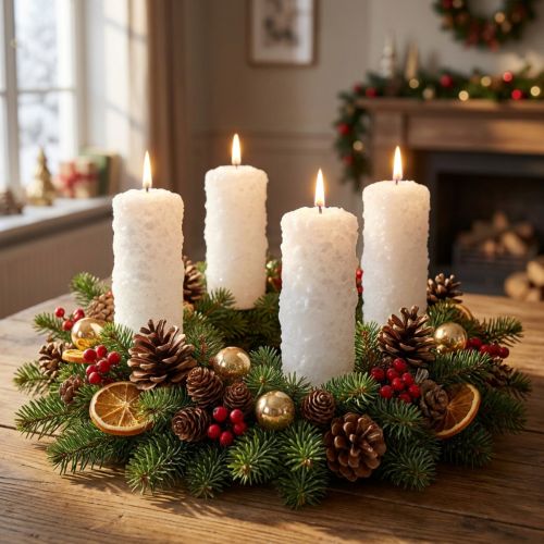 Juego de 4 velas de Adviento - Velas de pilar blancas con efecto bola de nieve y estampado de escarcha, decoración navideña 150/60 mm | Floristik24.es