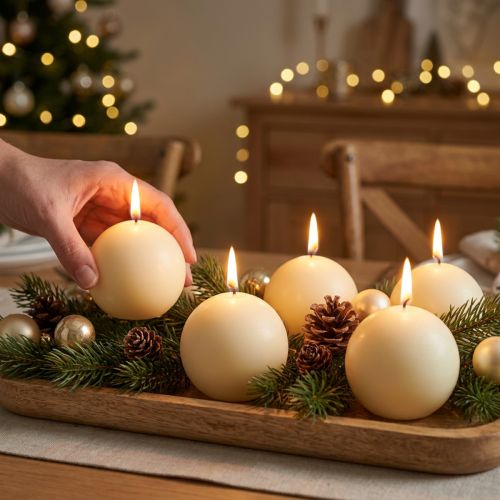 Velas esféricas color crema, 60 mm, juego de 16, velas navideñas, ambiente festivo, marca de calidad RAL | Floristik24.es