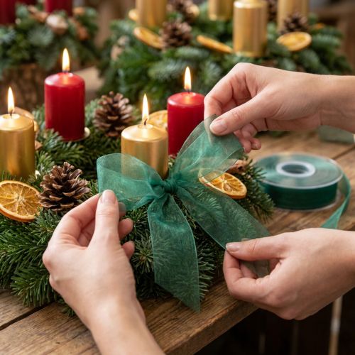 Artículo Cinta de organza cinta de regalo verde borde tejido abeto verde 15mm 50m