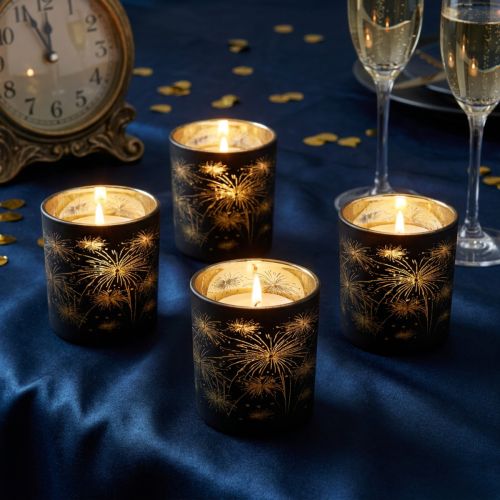 Juego de 6 faroles de cristal, color negro y dorado, diseño de fuegos artificiales, decoración festiva, 9 cm | Floristik24.es