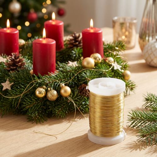 Alambre de floristería, alambre de mirto, alambre decorativo, dorado, 0,30 mm, 100 g, 3 piezas, para manualidades, fabricación de joyas y decoración. | Floristik24.es