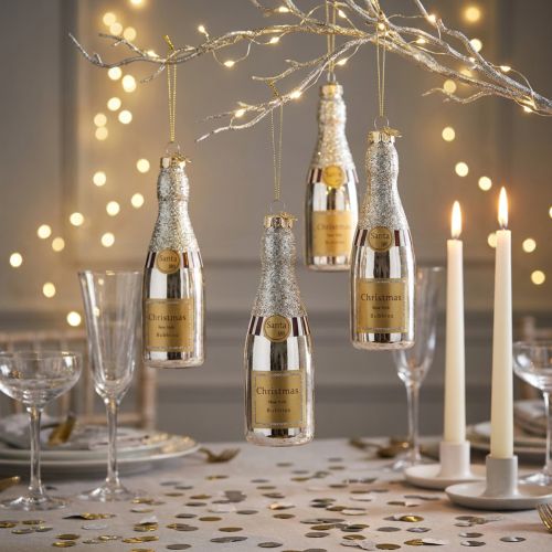 Botella de champán para colgar decoración de Nochevieja plata 13cm 5uds | Floristik24.es