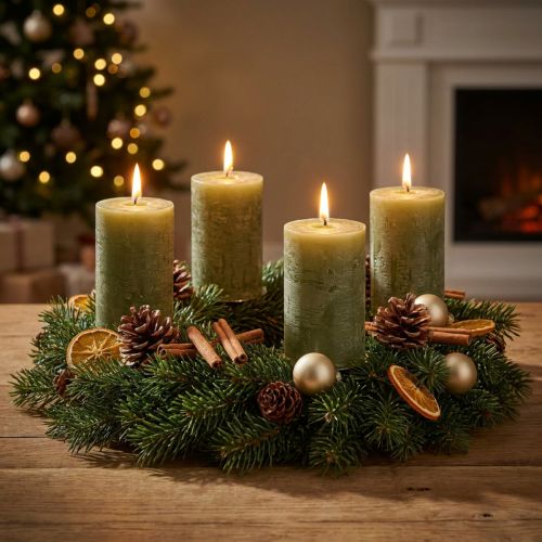 Velas de pilar verde oliva de color liso de 60×80 mm, paquete de 4, para decoración y Adviento | Floristik24.es
