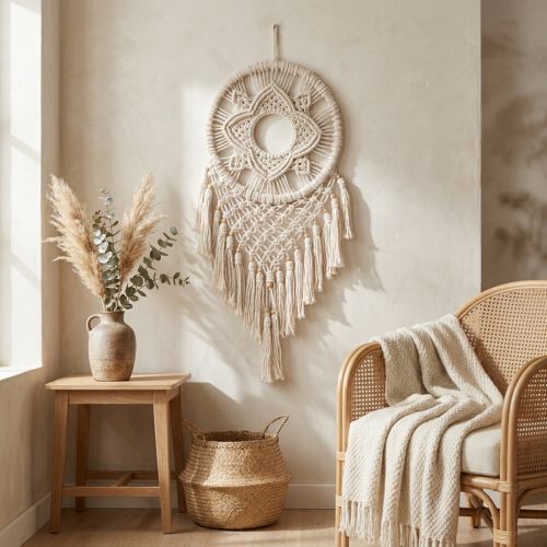 Atrapasueños de macramé para colgar en la pared, color crema, estilo bohemio, hecho a mano, 29 x 72 cm, para salón y dormitorio. | Floristik24.es
