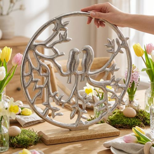 Decoración de mesa primavera, anillo decorativo pájaro deco plata H37.5cm | Floristik24.es