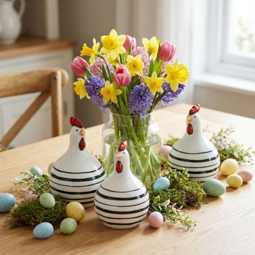 Gallina decorativa cerámica blanca rayas negras redonda Ø 7cm H11cm 3 uds | Floristik24.es