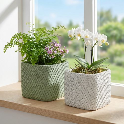 Jardinera cerámica blanco verde malla relieve 17x17cm H15cm 2pcs | Floristik24.es