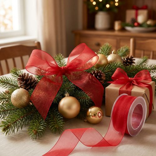 Cinta de organza, cinta de regalo, cinta decorativa con orillo rojo, 50 m | Floristik24.es