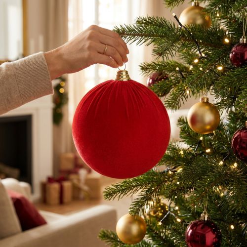Artículo Bola de Navidad con aspecto de terciopelo rojo, bola grande para árbol de Navidad de 20 cm, 3 piezas