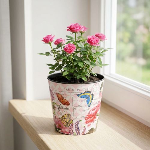 Maceta con patrón de flores de plástico, maceta de 10,5 cm, decoración de verano | Floristik24.es