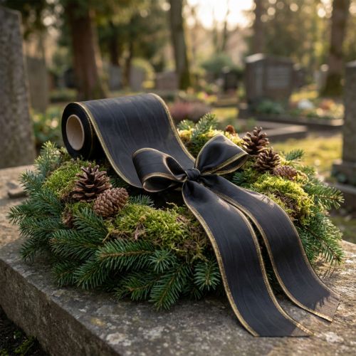 Elegante cinta de muaré para corona, 175 mm, negra con borde perlado y tejido de tafetán, cinta decorativa para floristería funeraria, cinta de lazo, 25 m | Floristik24.es