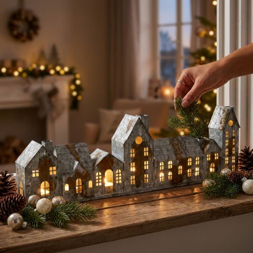 Artículo Casas iluminadas, adornos para ventanas, faroles plateados, farol de metal de aspecto antiguo, 67,5 cm de largo x 20 cm de alto.