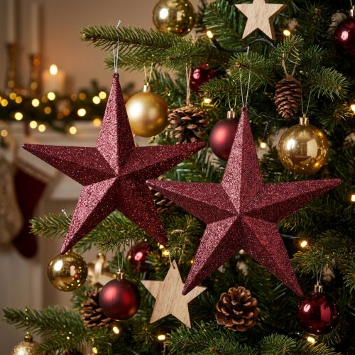 Percha decorativa con estrella brillante color burdeos, 21 cm, 2 unidades | Floristik24.es