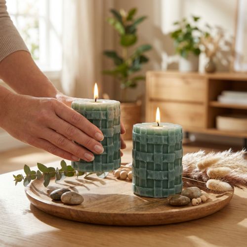 Velas de pilar rústicas verdes 80/65 - Juego de 2 velas decorativas de combustión segura y prolongada | Floristik24.es