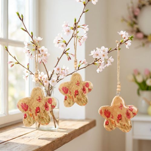 Artículo Colgante de madera con flores de primavera en color rosa natural H9cm 4 uds.