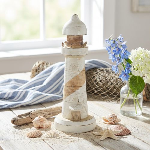 Faro de madera, decoración marítima, color blanco natural, Ø10,5 cm, H28,5 cm | Floristik24.es