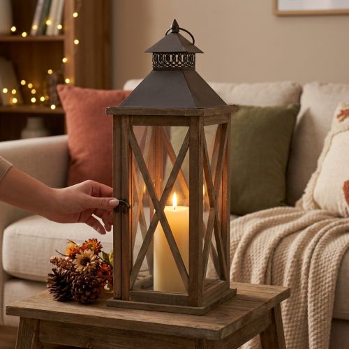 Farol decorativo madera farol vintage de madera marrón 17×17×50cm | Floristik24.es