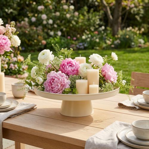 Bandeja redonda decorativa en color crema, de 30 cm, con soporte para decoración de mesa. | Floristik24.es