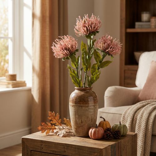 Alfiletero flor de otoño artificial Protea Rosa Leucospermum 73cm 3uds | Floristik24.es