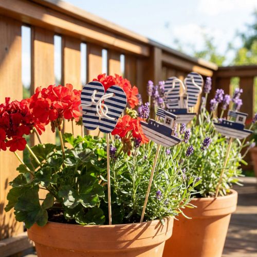 Estaca de Jardín Chanclas Marítimas de Madera Barco Azul Blanco 8cm 12uds | Floristik24.es