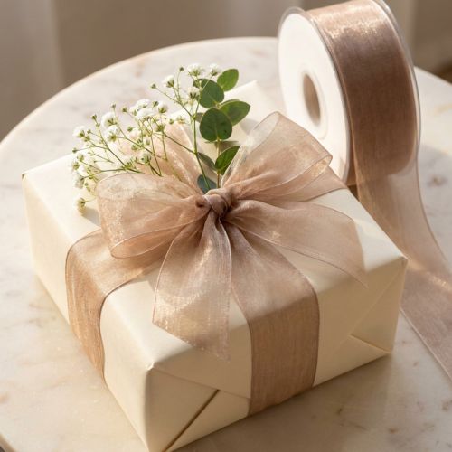Artículo Cinta de organza cinta de regalo cinta beige borde tejido topo 40mm 50m