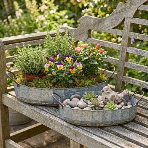 Artículo Cuenco de flores de metal con bandeja de zinc antiguo, juego de 2, L45 cm/59 cm