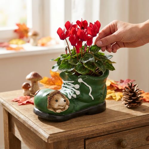 Jardinera decorativa, zapato verde con erizo, cerámica 14x13cm H13cm | Floristik24.es