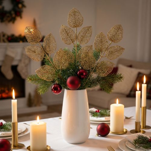 Plantas artificiales, decoración de ramas, hoja decorativa con brillo dorado L36cm 10 piezas | Floristik24.es