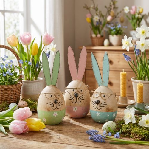 Conejito de pascua con gafas figura decorativa huevo de madera Ø5cm H13.5cm 3pcs | Floristik24.es