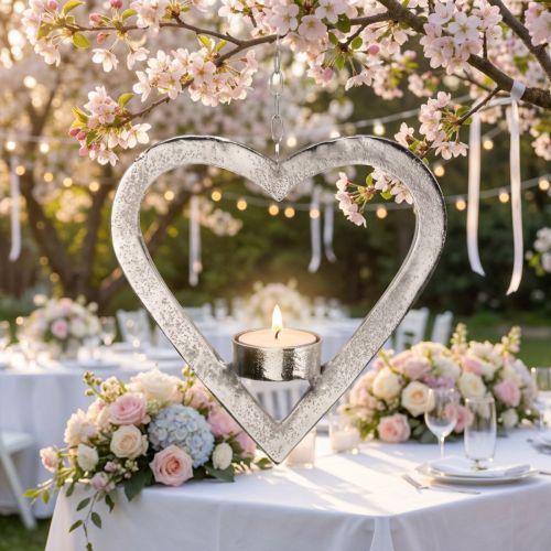 Portavelas en el corazón, decoración de velas para colgar, boda, decoración de Adviento de metal plateado H17.5cm | Floristik24.es