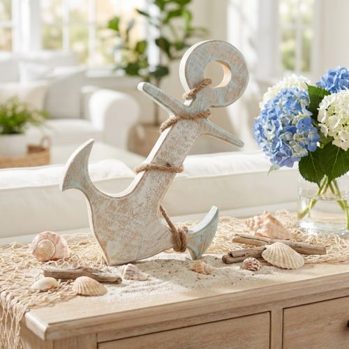 Ancla Deco Madera Marine Deco Blanco Azul 24.5cmx14.5cm | Floristik24.es