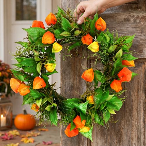 Corona de Physalis artificial, naranja y verde, Ø28cm, decoración otoñal | Floristik24.es