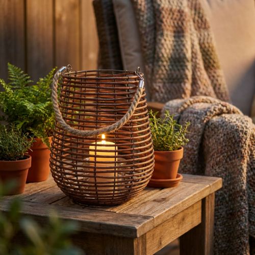 Vela en cesta, farol con asa, decoración de velas, farol de cesta Ø24cm H34cm | Floristik24.es