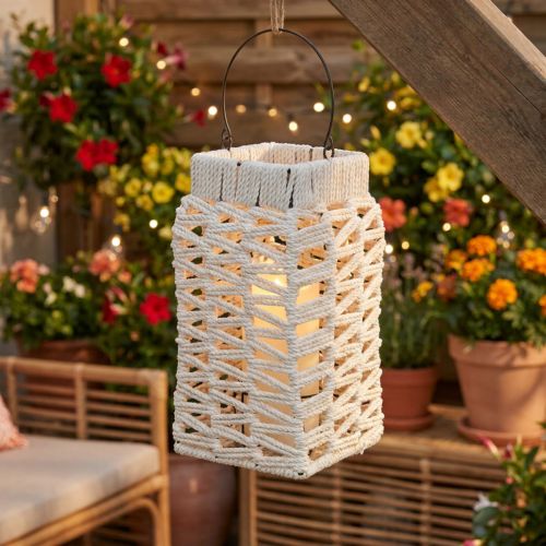 Farol colgante, decoración de verano, macramé, 35,5 cm de alto x 19 cm de ancho. | Floristik24.es