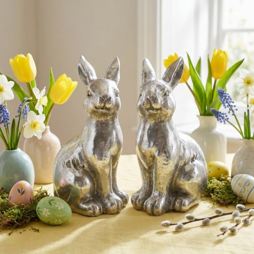Conejo decorativo sentado Decoración de Pascua plata vintage H17cm 2 uds | Floristik24.es