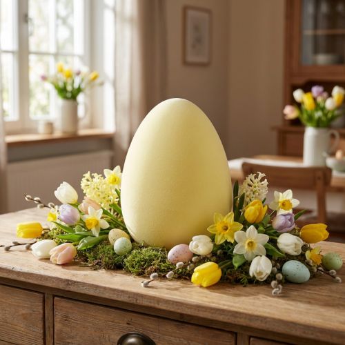 Artículo Huevo de Pascua decoración huevo plástico amarillo claro flocado 25cm