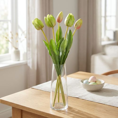 Flores artificiales tulipán verde, flor de primavera 48cm paquete de 5 | Floristik24.es