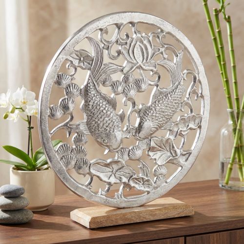 Anillo decorativo metal base madera decoración loto koi plateado Ø32cm | Floristik24.es