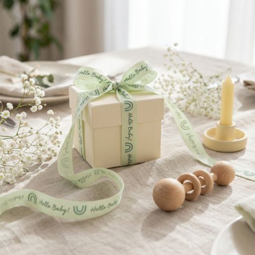 Artículo Cinta de regalo Hello Baby, cinta decorativa para bautizo, color verde, 25 mm, 16 m