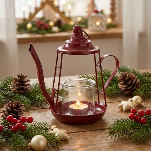 Portavelas farol de cristal jarra de metal rojo Al. 22 cm | Floristik24.es