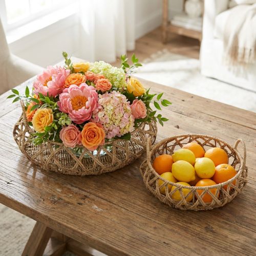 Juego de 2 cestas decorativas, de metal, aspecto natural, cuenco trenzado con asa, marrón beige, Ø38/29cm | Floristik24.es