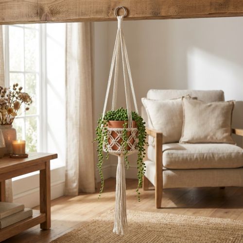 Macramé colgante estilo bohemio, Ø12 cm, alto 79 cm, color crema - Maceta colgante para decoración de pared | Floristik24.es