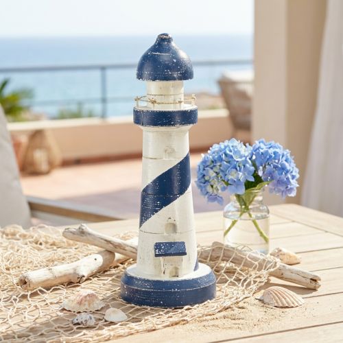 Decoración de mesa marítima con forma de faro, azul y blanco, Ø10,5 cm, H28,5 cm. | Floristik24.es