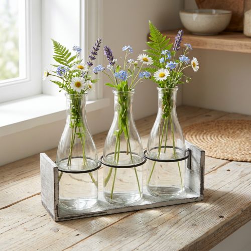 Artículo Juego de botellas rústicas en soporte de madera - 3 botellas de vidrio, blanco grisáceo, 24x8x20 cm - Versátil para decoración