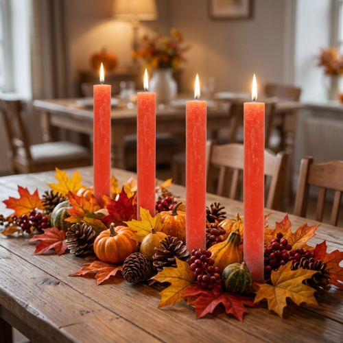 Velas cónicas sólidas de color naranja, 34 mm x 300 mm, 4 unidades. | Floristik24.es