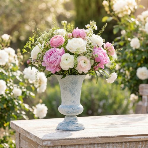 Jarrón antiguo de flores en forma de cáliz blanco y azul, Ø17cm H24cm | Floristik24.es