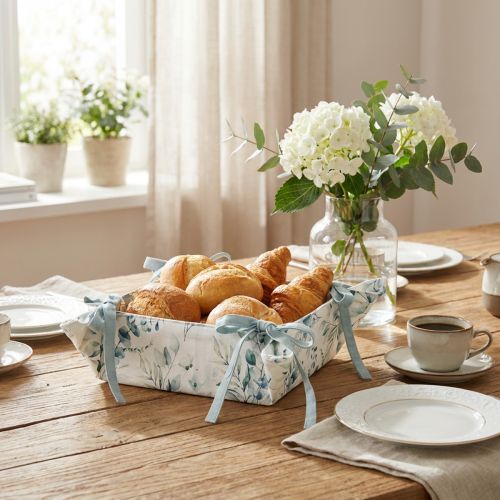 Cesta de pan, tela, eucalipto, contenedor de almacenamiento, blanco, verde, algodón, decoración, 20x20x7cm | Floristik24.es