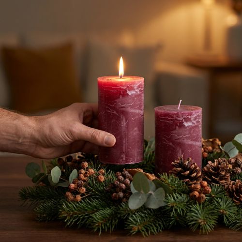 Velas de pilar rojas, color baya, teñidas por completo, velas decorativas de 85 × 150 mm, juego de 2, versátiles | Floristik24.es