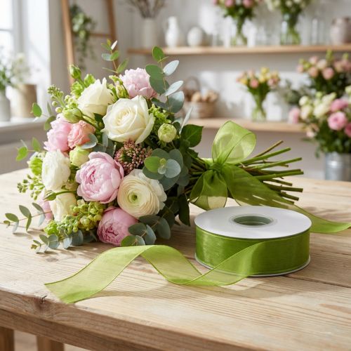 Cinta de organza cinta de regalo verde borde tejido verde oliva 25mm 50m | Floristik24.es